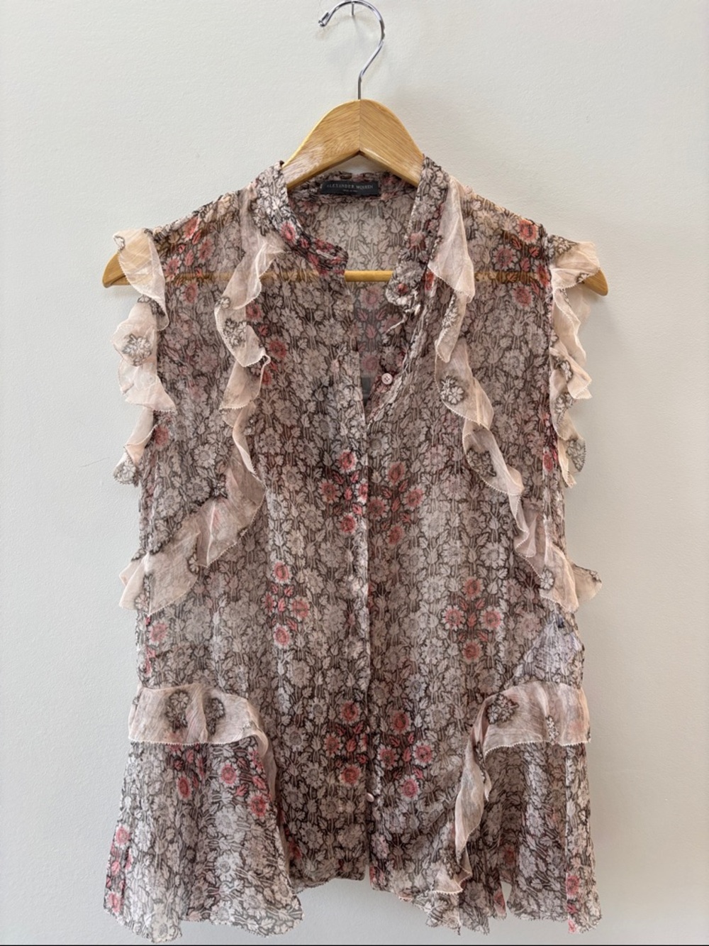 Alexander McQueen Pink Floral Sheer Ruffle Camisole